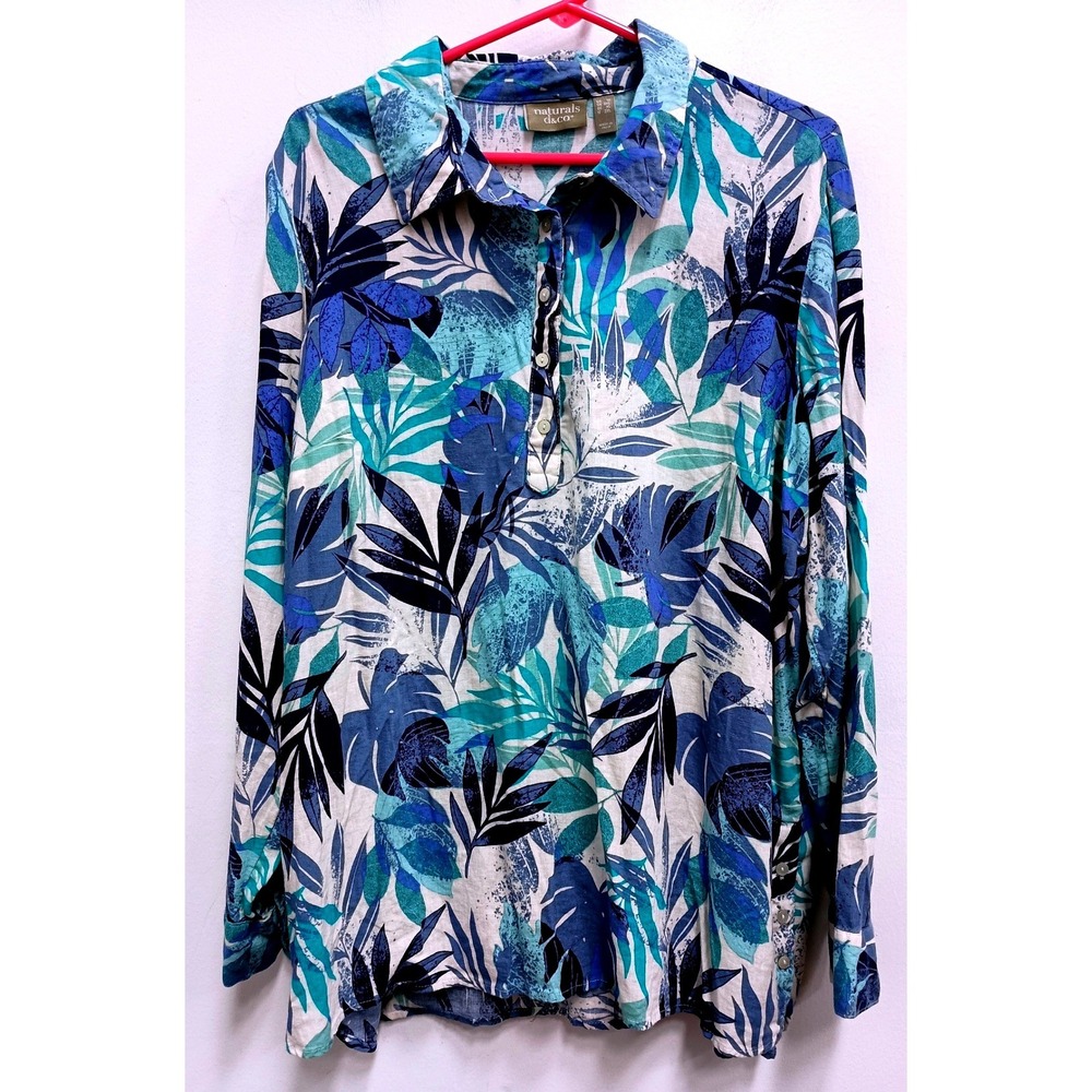 Naturals d&co Button Up Shirt Womens 1X Blue Tropical Linen Blend Coastal